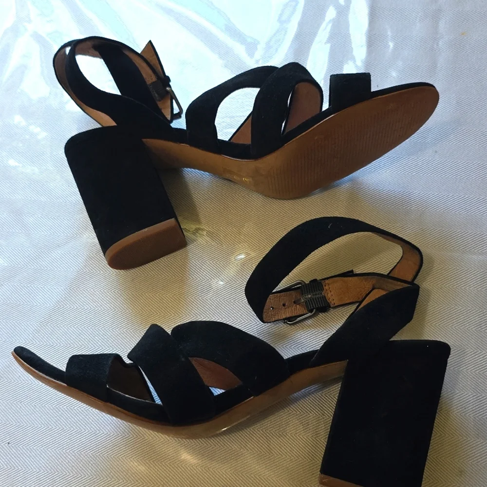 Madewell The Liv Suede  Black Strappy Block Heel Sandals‎ 7